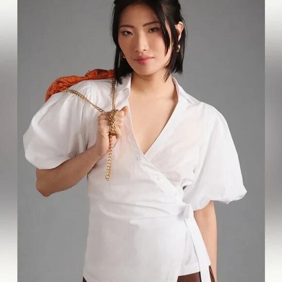 By Anthropologie Plus Size White Puffed Sleeve Wrap Top, Quiet Luxury, 1X NWT - Picture 1 of 7